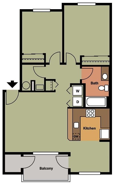 A floor plan of a house with a kitchen, bath, and balcony.